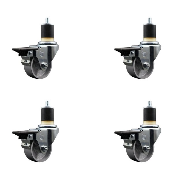 3'' Semi Steel Swivel 1-7/8'' Expanding Stem Caster Set with Brake, 4PK